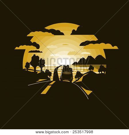 Landscape With Travel Car Rides On The Road.negative Spave.flat Design