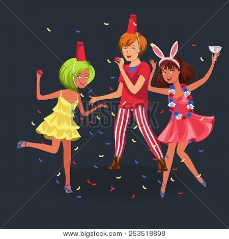 Students Party Poster Cheerful Smiling Boys And Girls In Amusing Costumes Having Shindig Vector Illu