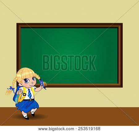Kawaii Blonde Schoolgirl With Braids And Big Blue Eyes Wearing Uniform With Backpack Standing Near C