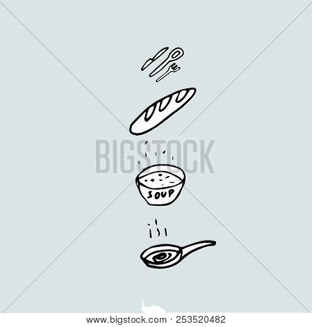 Soup, Bread And Frying Pan With Fried Eggs