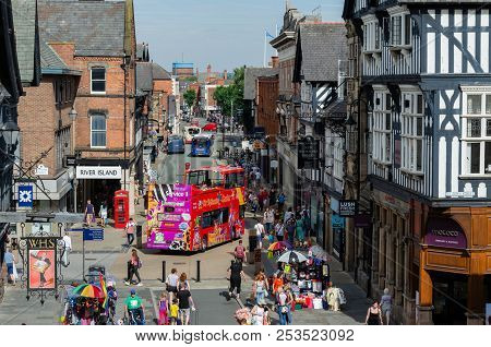 Chester, Uk: Aug 6, 2018: General Scene Of The Main Shopping Streets In Chester With Many Shoppers, 