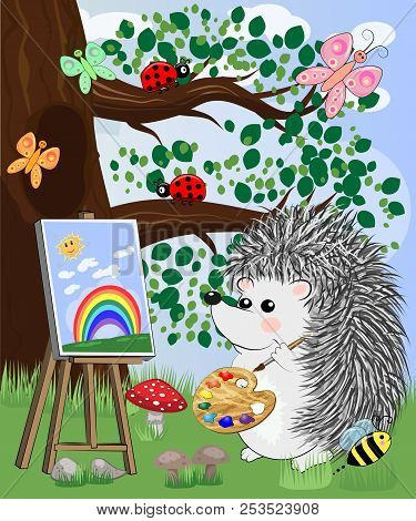 A Hedgehog Artist In Love Draws On An Easel Amidst A Forest Glade, Owls Are Watched From A Branch. P