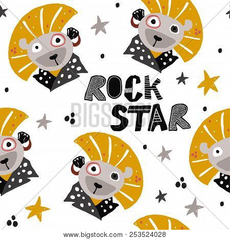 Hand Drawn Lion In Punk Rock Style. Childish Pattern For Fashion,textile Or Fabric. Cute Illustratio