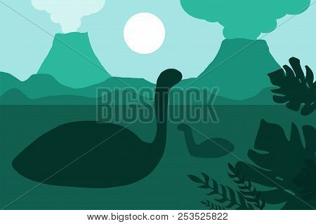 Age Of Dinosaurs In Silhouettes. The Natural Landscape With The Volcanoes And The Sea. Tropical Ocea
