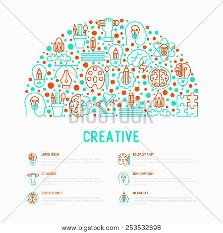 Creative Concept In Half Circle With Thin Line Icons: Generation Of Idea, Start Up, Brief, Brainstor