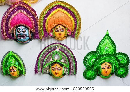 Colorful Chhau (or Chhou) Mask , Handicrafts On Display For Sale - At Charida, Purulia - Bangla (for
