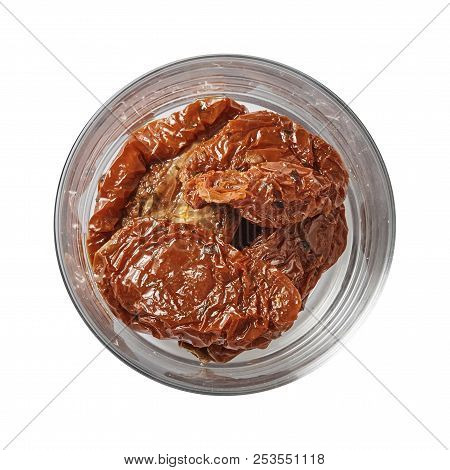Sun Dry Tomato In Glass Bowl. Preparing Ingredients For Cooking.