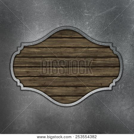 Grunge wooden plaque on stratched metal background