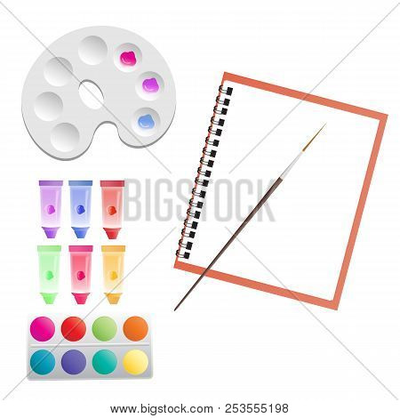 Album For Drawing, Tubes With Paint, Watercolor, Palette.