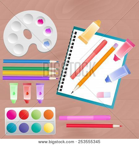 Set For Children's Creativity: Watercolor, Markers, Paints And Colored Pencils.