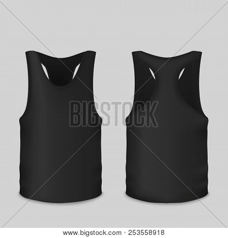 Black Tank Vector Illustration Of T-shirt 3d Realistic Model For Branding. Isolated Template Of Slee