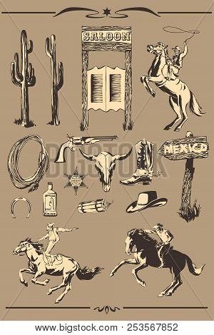 Wild West Vector Set. Hand Drawn Illustration With Silhouette Of Cowboy, Horse, Horseshoe, Sheriff B
