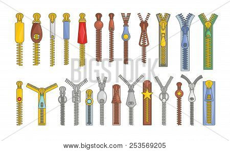 Zipper Puller Lock Icons Set. Cartoon Illustration Of 32 Zipper Puller Button Lock Icons For Web