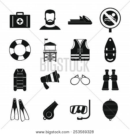 Lifeguard Save Icons Set. Simple Illustration Of 16 Lifeguard Save Icons For Web