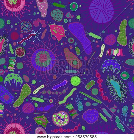 Decorative Seamless Pattern With Bacterias And Viruses. Editable Vector Illustration In Hand-drawn D