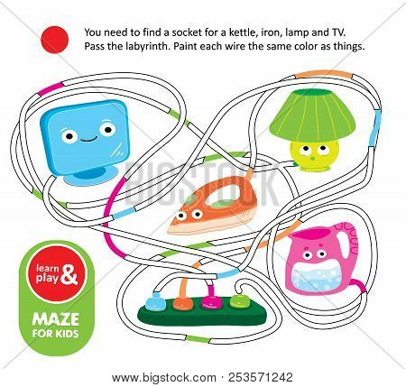 Logic Game For Kids. Maze With Kettle Iron Tv And Lamp. Find Socket In Which Each Device Is Included