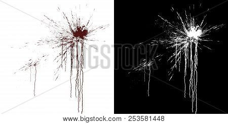 Computer Simulation Of Splashes And Blood Flows On A White Wall. Digital Illustration With Alpha Mat
