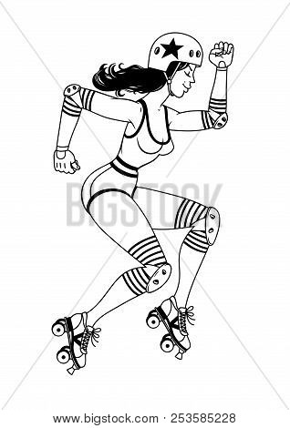 Roller Derby Girl. Black And White Line Image.