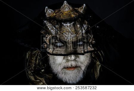 Alien, Demon, Sorcerer Makeup. Demon On Black Background, Close Up. Dark Arts Concept. Senior Man Wi