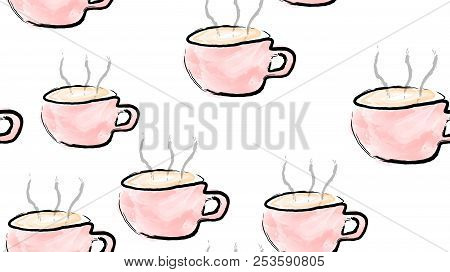 Texture Seamless Pattern Of Pink Cups Of Mugs With A Handle Of Hot Delicious Invigorating Black Coff