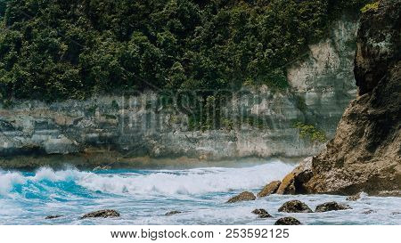 Ocean Waves On Tembeling Coastline At Nusa Penida Island, Bali Indonesia