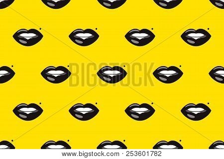 Seamless Pattern Of Lips, Fashion Lips, Yellow Cosmetic Banner, Vector Beauty Pattern, Glamour Paper