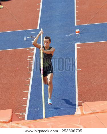 Stockholm, Sweden - Jun 10, 2018: Armand Duplantis Jumping In The Pole Vault Competition In Iaaf Dia