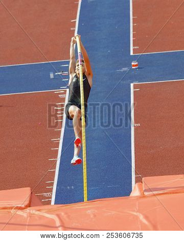 Stockholm, Sweden - Jun 10, 2018: Armand Duplantis Jumping In The Pole Vault Competition In Iaaf Dia