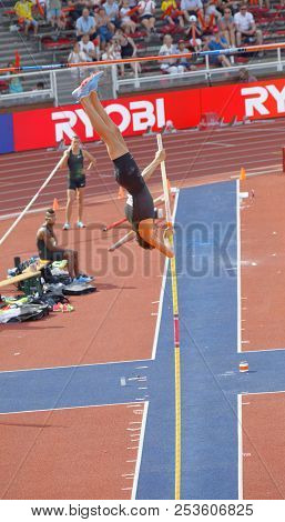 Stockholm, Sweden - Jun 10, 2018: Armand Duplantis Jumping In The Pole Vault Competition In Iaaf Dia