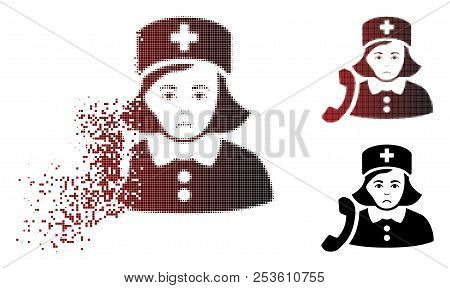 Unhappy Receptionist Nurse Icon In Dissolved, Dotted Halftone And Undamaged Whole Versions. Fragment