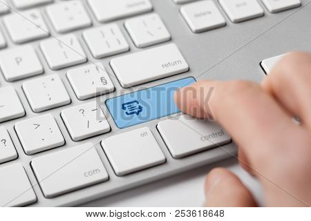 Online Translator And Language E-learning Course Concept. Computer User Press Keypad On Keyboard Wit