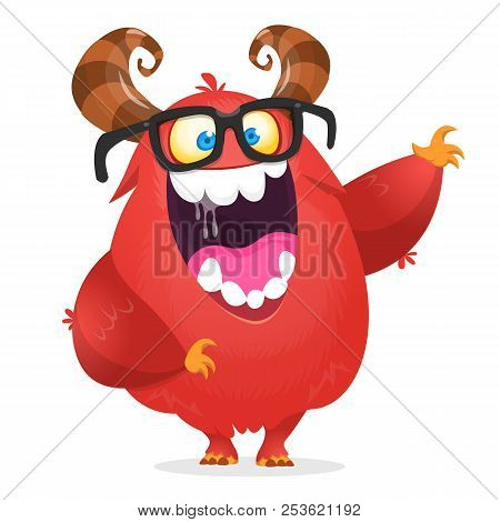 Scared Cartoon Nred Monster Waving. Vector Cute Monster Mascot Illustration For Halloween