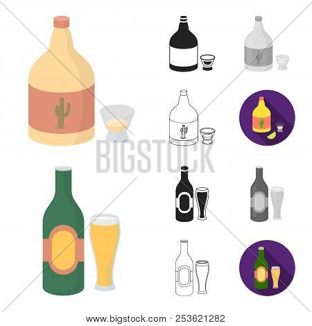 Types Of Alcohol Cartoon, Black, Flat, Monochrome, Outline Icons In Set Collection For Design. Alcoh
