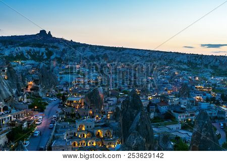 Beautiful Aeral Night View Goreme, Cappadocia, Turkey. Famous Center Of Balloon Fligths