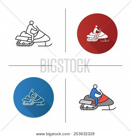 Man Driving Snowmobile Icon. Motor Sled Driver. Flat Design, Linear And Color Styles. Isolated Vecto