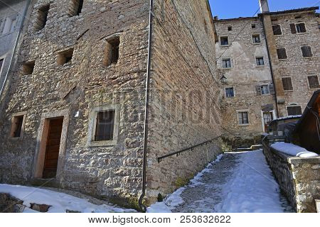 A Street In The Hill Village Of Casso In Winter Friuli Venezia Giulia, North East Italy. With A Popu