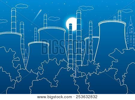 Industry Illustration. Factory Thermal Power Plant. Urban Scene. Pipes And Smoke. White Lines On Blu