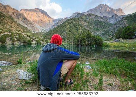 Beautiful serene lake in  Fann mountains (branch of Pamir) in Tajikistan.
