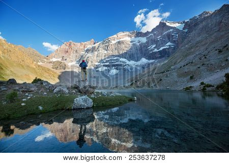 Beautiful serene lake in  Fann mountains (branch of Pamir) in Tajikistan.