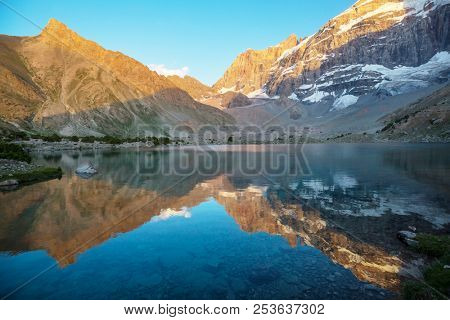 Beautiful serene lake in  Fann mountains (branch of Pamir) in Tajikistan.