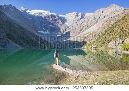 Beautiful serene lake in  Fann mountains (branch of Pamir) in Tajikistan.