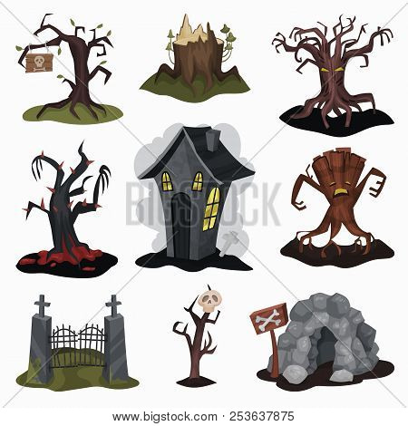 Flat Vector Set Of Terrible Landscape Elements. Creepy House, Old Dry Trees, Stone Cave, Old Iron En