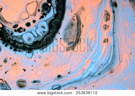 Abstract texture. Modern artwork background. Mixed black, pink and blue pianting. Fluid Art. Unusual trendy background for poster, card, invitation. Contemporary art.
