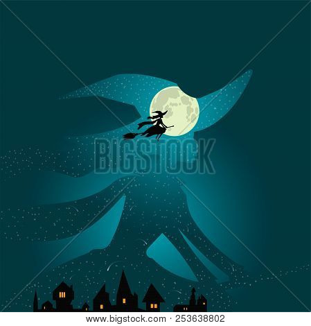 Halloween Theme: Beautiful Witch Flies On Broomstick Over Town Buildings Against The Background Of D