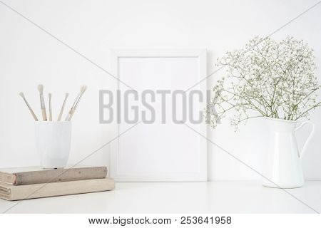 White Frame Mockup A4 In Interior. Frame Mock Up Background For Poster Or Photo Frame For Social Med
