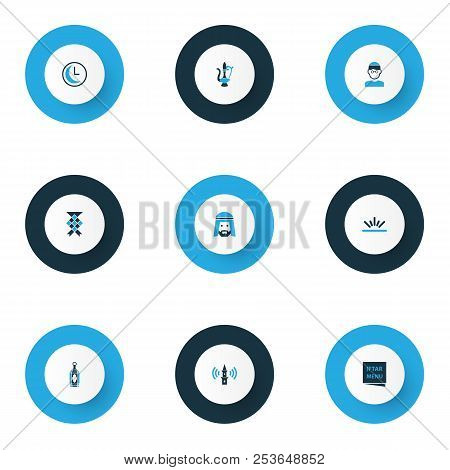 Holiday Icons Colored Set With Clock, Muslim, Fajr And Other Decorate Elements. Isolated Vector Illu