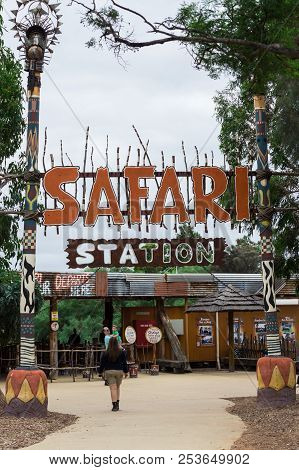 Melbourne, Australia - February 28, 2018: Safari Station At Werribee Open Range Zoo. Buses Through T