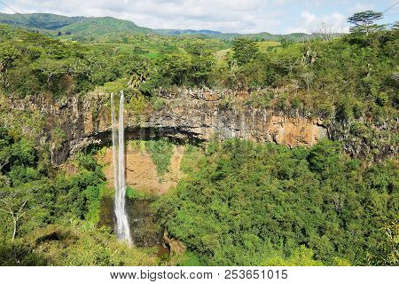 Beautiful Landscape Of Chamarel Waterfall In The Tropical Jungle Of Mauritius Island.