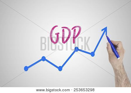 Growing Gdp Concept On White Board. Businessman Draw Accelerating Line Of Improving Gdp Against Whit