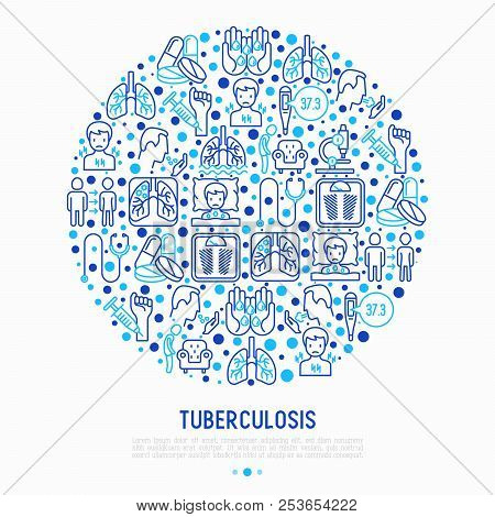 Tuberculosis Concept In Circle With Thin Line Icons: Infection In Lungs, X-ray Image, Dry Cough, Pai